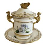 SPODE, A VINTAGE PORCELAIN CUP AND COVER Having a butterfly finial, twin griffon handles and
