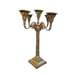 A LATE 19TH CENTURY SILVER PLATED FIVE BRANCH CANDELABRA with Corinthian capitals scroll arms on