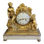 A LARGE 19TH CENTURY FRENCH GILDED BRONZE AND WHITE MARBLE MANTLE CLOCK Figured with semi nude