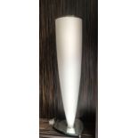 A LARGE PAIR OF FROSTED GLASS VASE UP LIGHTS On triangular mirrored bases. (109cm) Condition: good
