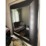 A LARGE BROWN FAUX CROCODILE LEATHER FRAMED MIRROR With chrome banded silvered plate. (w 165cm x h