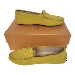 TOD’S, A PAIR OF LADIES’ MUSTARD SUEDE MOCASSINO SHOES Size 37½, with protective pouch, new in