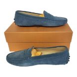 TOD’S, A PAIR OF LADIES’ BLUE SUEDE MOCASSINO SHOES Size 37½, with protective pouch, new in box.