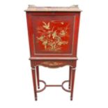 A 20TH CENTURY RED LACQUERED CHINESE CHINOISERIE DECORATED WRITING BUREAU The fall front opening
