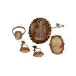 A COLLECTION OF 9CT GOLD CAMEO ITEMS COMPRISING A OVAL BROOCH, RING, SCREW BACK EARRINGS AND PARTIAL