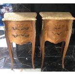 A PAIR OF 18TH CENTURY STYLE FRENCH MARBLE TOP BEDSIDE CHEST The two drawers with floral marquetry