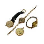 A LATE 19TH CENTURY 14CT GOLD SWISS POCKET WATCH FOR EXPORT TO GERMAN MARKET, TOGETHER WITH THREE