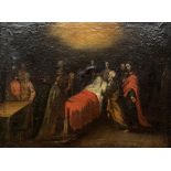 A 17TH CENTURY CONTINENTAL OIL ON CANVAS, DEATH OF MARY SURROUNDED BY SAINTS Framed. (sight 40.5cm x