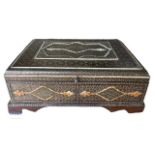 A 19TH CENTURY OTTOMAN EMPIRE LACQUERED WOOD BOX inlaid with bone and gilt metal geometrical star