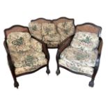 A LATE 19TH/EARLY 20TH CENTURY (POSSIBLY IRISH) CARVED MAHOGANY BERGERE THREE PIECE SUITE With