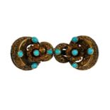 VICTORIAN YELLOW METAL ETRUSCAN REVIVAL TURQUOISE BROOCH, YELLOW METAL TESTED AS 14CT GOLD Intricate