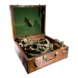 A 19TH CENTURY BRASS SEXTANT HOUSED IN WOODEN CASE Having wooden handle and green felt lined