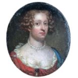 A 17TH/18TH CENTURY OVAL PORTRAIT MINIATURE OIL ON COPPER of an elegant lady wearing a pearl