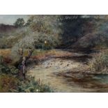 JAMES M. MACKAY, 1834 - 1917, A LATE 19TH CENTURY WATERCOLOUR Woodland river landscape with a maiden