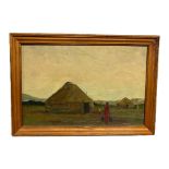 A 20TH CENTURY OIL ON CANVAS, AFRICAN LANDSCAPE With huts and figure