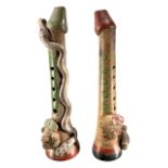 A PAIR OF VINTAGE MEXICAN, AZTEK STYLE FLUTES IN THE FORM OF A PHALLUS WITH ONE HAVING SNAKE RUNNIN