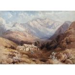 A LARGE 19TH CENTURY WATERCOLOUR (POSSIBLY IRISH), MOUNTAIN LANDSCAPE With figures on a track before