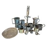 A COLLECTION OF 19TH CENTURY OR EARLIER PEWTER TANKARDS, PLATE, CREAM JUGS AND A TIMED WHALE OIL