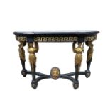 A 19TH CENTURY NEOCLASSICAL DESIGN EBONISED AND GILT METAL MOUNTED CONSOLE TABLE The white marble