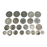 A COLLECTION OF 19TH EARLY 20TH CENTURY BRITISH HALF CROWNS, ONE FLORINS, TWO SHILLINGS, ONE