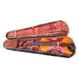 A 20TH CENTURY VIOLIN AND BOW HOUSED IN A 19TH CENTURY WOODEN AND BRASS CASE Inside label reading ‘