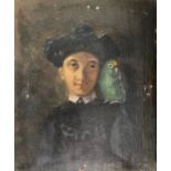 AN EARLY 20TH CENTURY OIL ON CANVAS LAID TO BOARD, PORTRAIT OF A YOUNG LADY WITH PARROT Signed