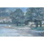 A LARGE 20TH CENTURY OIL ON PAPER, LANDSCAPE, WITH FIGURES (POSSIBLY RICHMOND GREEN) Indistinctly,