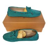 TOD’S, A PAIR OF LADIES’ TURQUOISE SUEDE MOCASSINO SHOES Size 37½, with protective pouch, new in