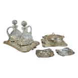 AN ITALIAN SILVER, CRYSTAL CRUET SET, SUGAR BOWL AND TWO SMALL DISHES, CIRCA 1910 Having oil and