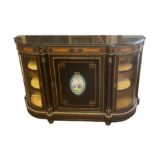 A VICTORIAN WALNUT, EBONISED AND MARQUETRY INLAID SIDE CABINET The central door centred with a