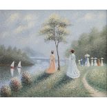 T. MOREAU, A 20TH/21ST CENTURY FRENCH OIL ON BOARD Ladies’ walking on a riverbank, signed, gilt