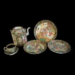 A COLLECTION OF 19TH CENTURY CANTON FAMILLE ROSE PORCELAIN Comprising a kettle, two plates and a cup