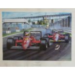 A VINTAGE SIGNED FORMULA 1 MOTOR SPORT PRINT Titled ‘The Red Line’, by Nicholas Watts, to