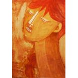 PIERRE BENSON, A 20TH CENTURY ABSTRACT PORTRAIT Female with angular features in a russet red and