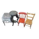 A MIXED LOT TO INCLUDE Ebonised plant stand, two child’s chairs, brass log bin and iron trivet. (