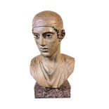 AN EARLY 20TH CENTURY HALF LIFE PLASTER BUST, THE CHARIOTEER OF DELPHI On a green marble base. (30cm