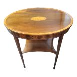 AN EDWARDIAN MAHOGANY AND MARQUETRY INLAID OVAL OCCASIONAL TABLE With a lower tier, on square