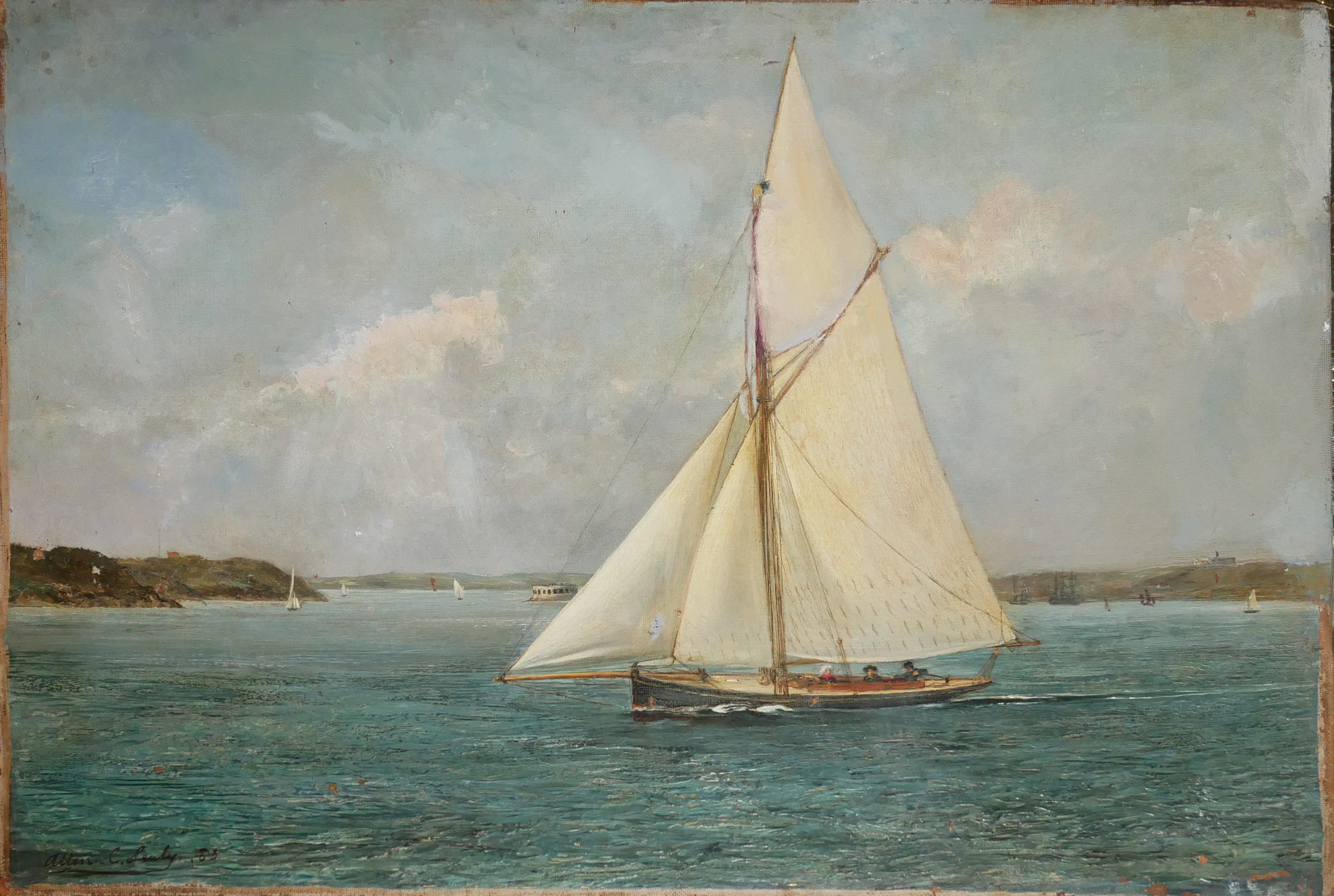 ALLEN CULPEPPER SEALY, 1850 - 1927, OIL ON CANVAS Marine scene, coastal view with sailing ships,