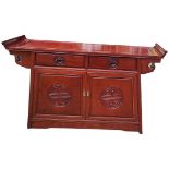 A CHINESE MING DESIGN HARDWOOD SIDEBOARD With scroll end top, two drawers and cupboards. (143cm x