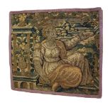 A 17TH CENTURY EMBROIDERED STAMPWORK PANEL PICTURE OF AN ALLEGORICAL ENGLISH/FRENCH FIGURE Worked in