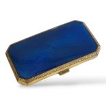 AN EARLY 20TH CENTURY 'GOLD CASED' AND GUILLOCHE ENAMEL RECTANGULAR CIGARETTE CASE With blue