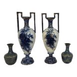 STAFFORDSHIRE, A PAIR OF EDWARDIAN SEMI PORCELAIN AMPHORA SHAPED ‘IMPERIAL BLUE’ PATTERN TWIN