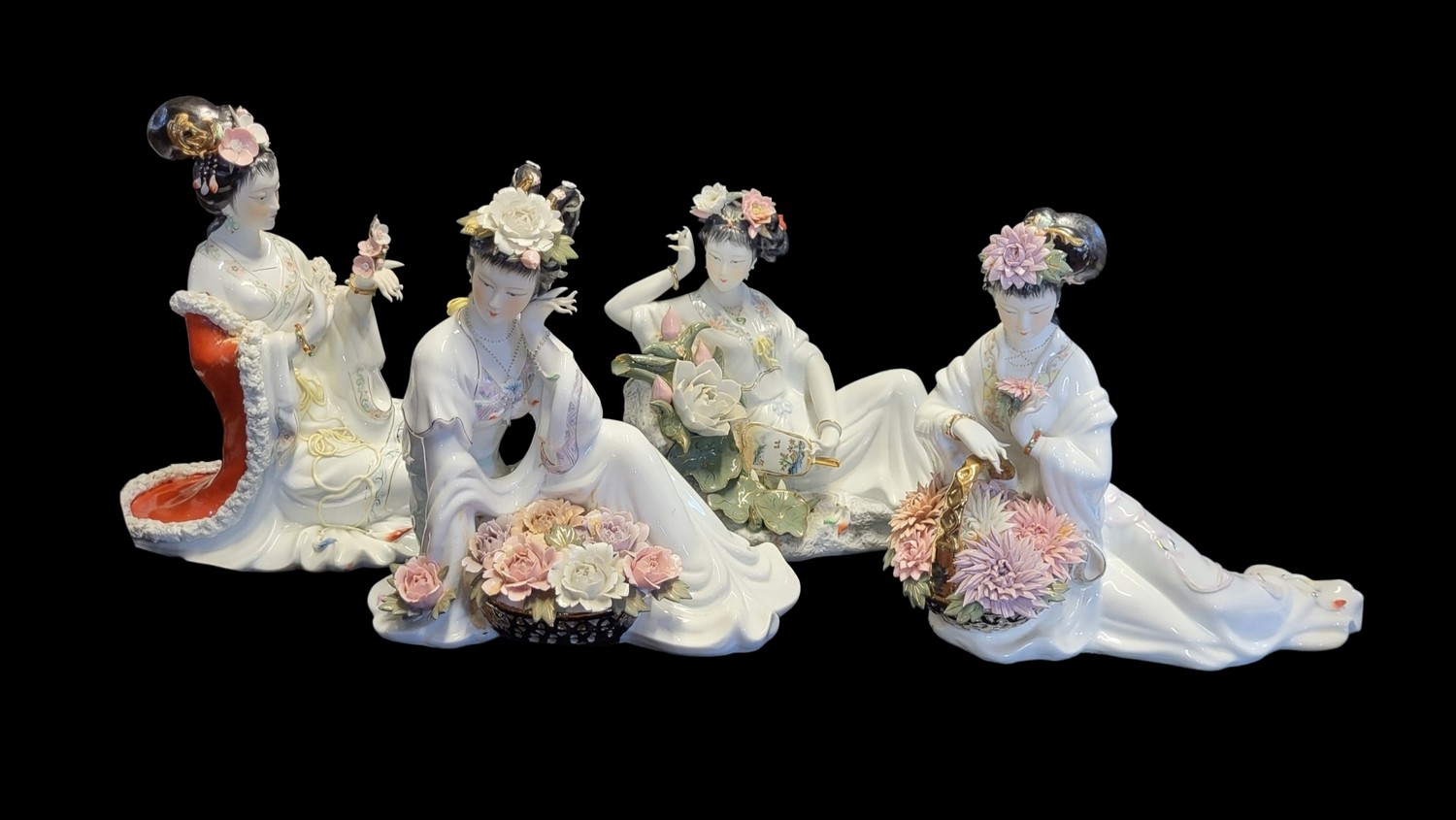 A SET OF FOUR ORNAMENTAL ORIENTAL PORCELAIN LADIES’ LATE 20TH CENTURY Decorated in polychrome