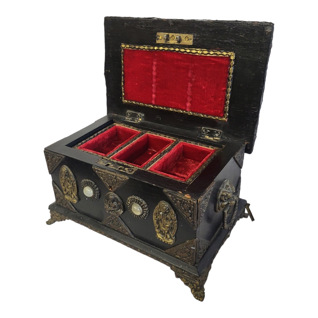 A 1920’S SINO-TIBETAN EBONISED JEWELLERY CASKET/BOX AND COVER Applied with metal mounted panels of - Image 2 of 2