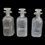 A SET OF THREE VICTORIAN CUT GLASS SPIRIT SQUARE DECANTERS With hobnail cut facets. (approx 20cm)
