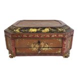 A 19TH CENTURY CHINESE RED AND BLACK LACQUERED BOX With painted gilded panels, heavenly garden scene