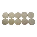 A SET OF TEN LARGE SILVER PANAMA TWENTY BALBOAS COINS, ALL DATED 1974 With a portrait bust of