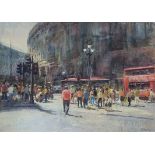 PAULINE PLEDGE, A 20TH CENTURY MIXED MEDIA Titled ‘Sunshine in Piccadilly’, signed, mounted,