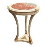 A VINTAGE CREAM AND GILT ITALIAN GUERIDON TABLE The circular rouge onyx inset top on three splayed