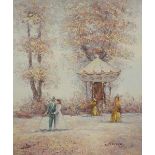 T. MOREAU, A LATE 20TH/EARLY 21ST CENTURY OIL ON BOARD Landscape, Edwardian figures near a carousel,